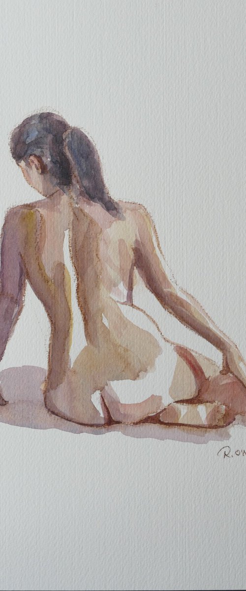 seated female nude back study by Rory O’Neill