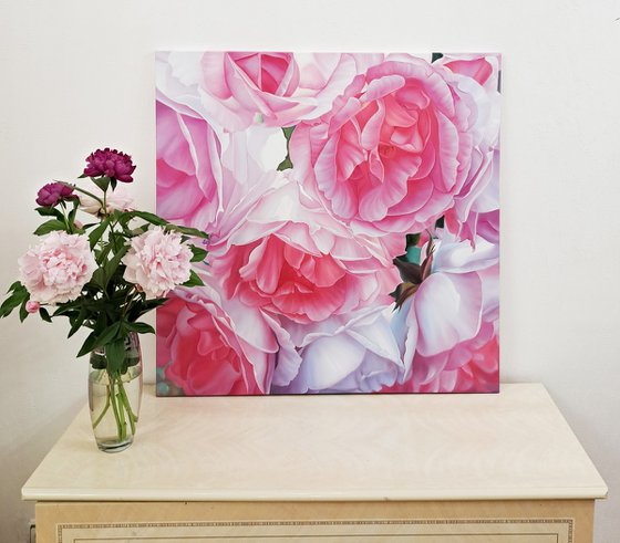 "Pink roses", floral realistic painting