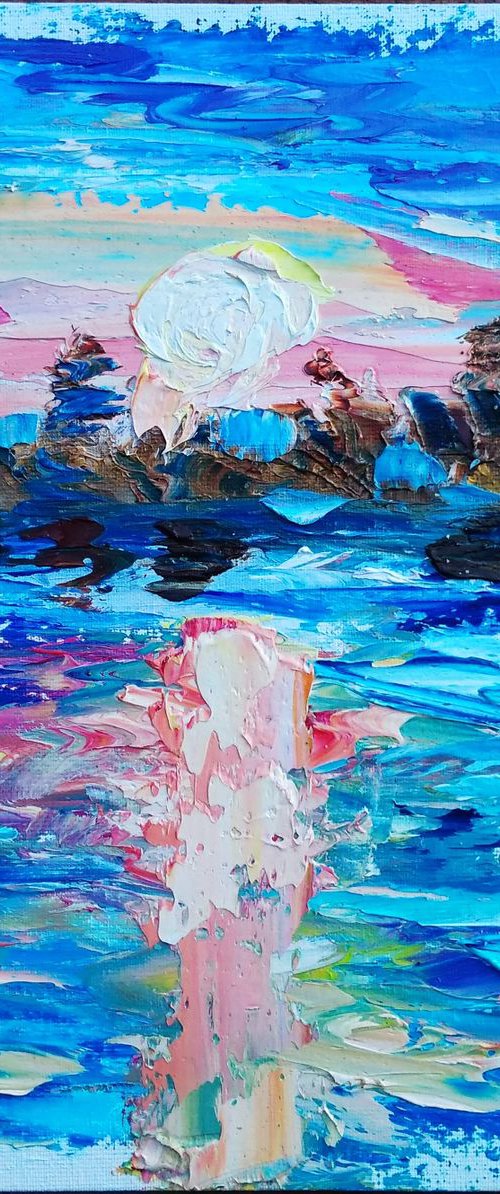 Pink sunset at the pond. Plein air painting by Dmitry Fedorov