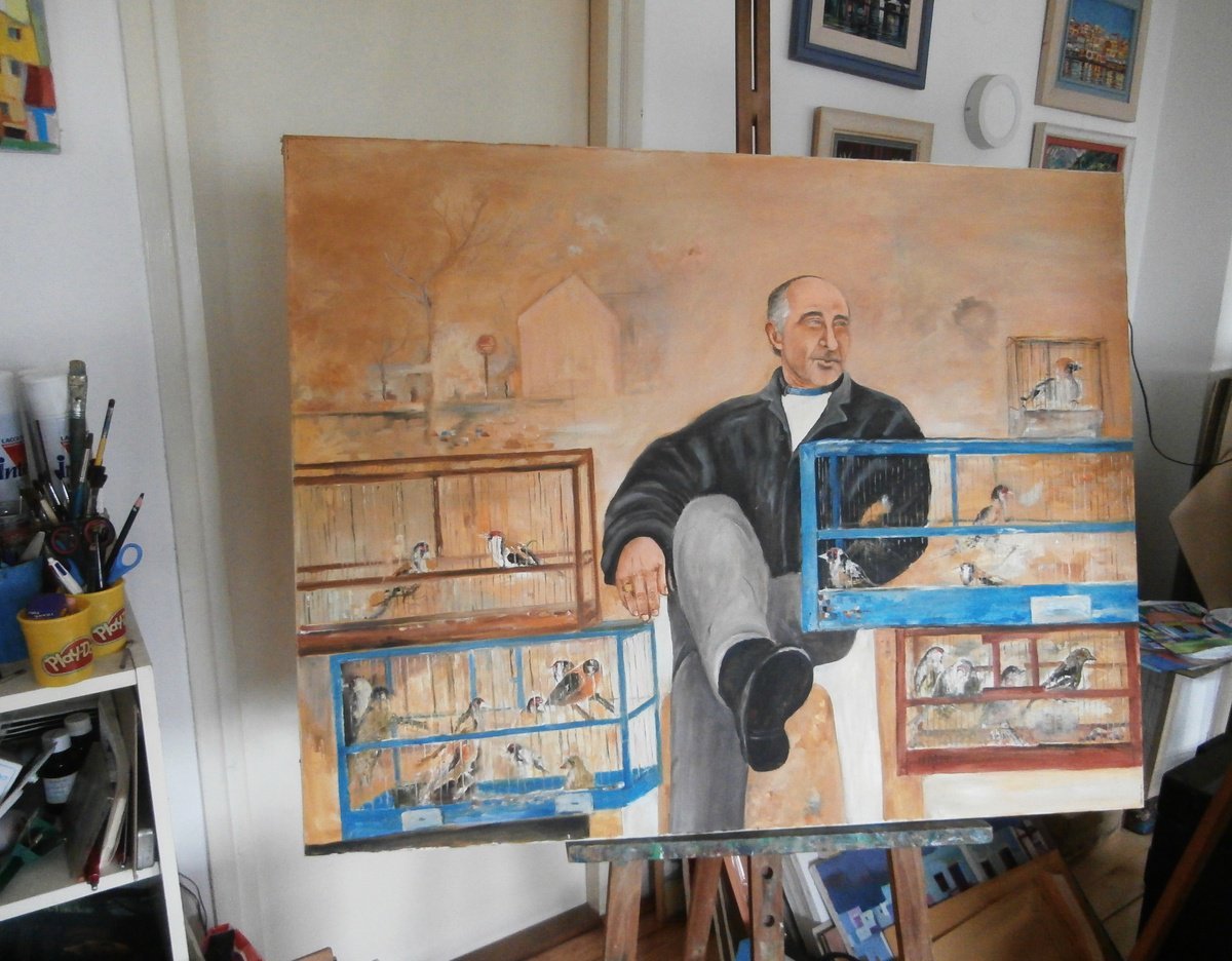 Expressive Portrait Oil Painting By Zoran Mihajlovic Muza, 39 X 31", Man With Birds, Original Artwork