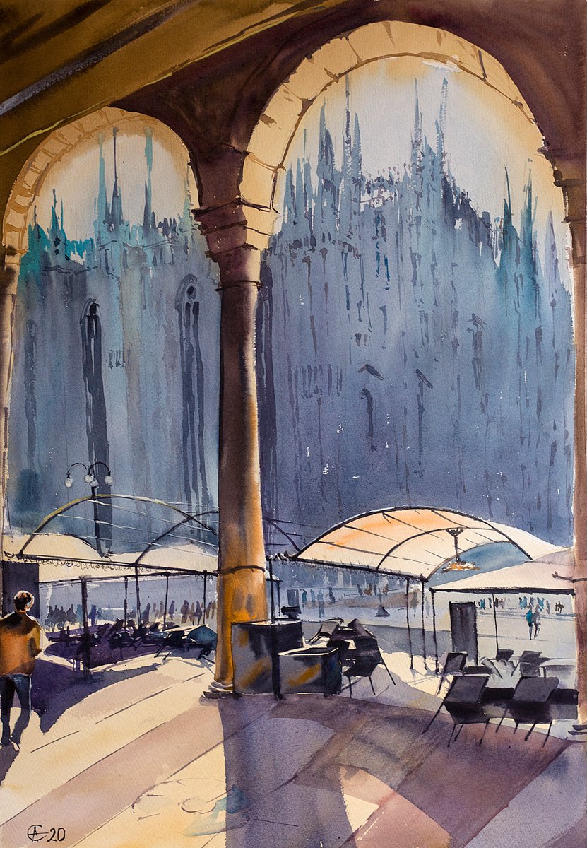 Milano Duomo. Urban landscape with light, shadow and empty terrace. Big format watercolor... by Sasha Romm