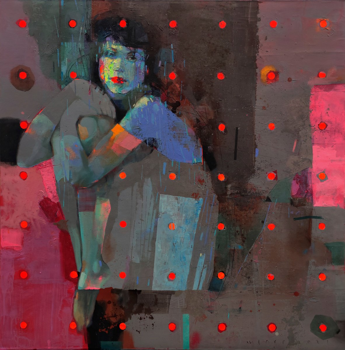 Expressive Portrait Oil Painting By Victor Sheleg, 47 X 47", Summer Rain, Original Artwork