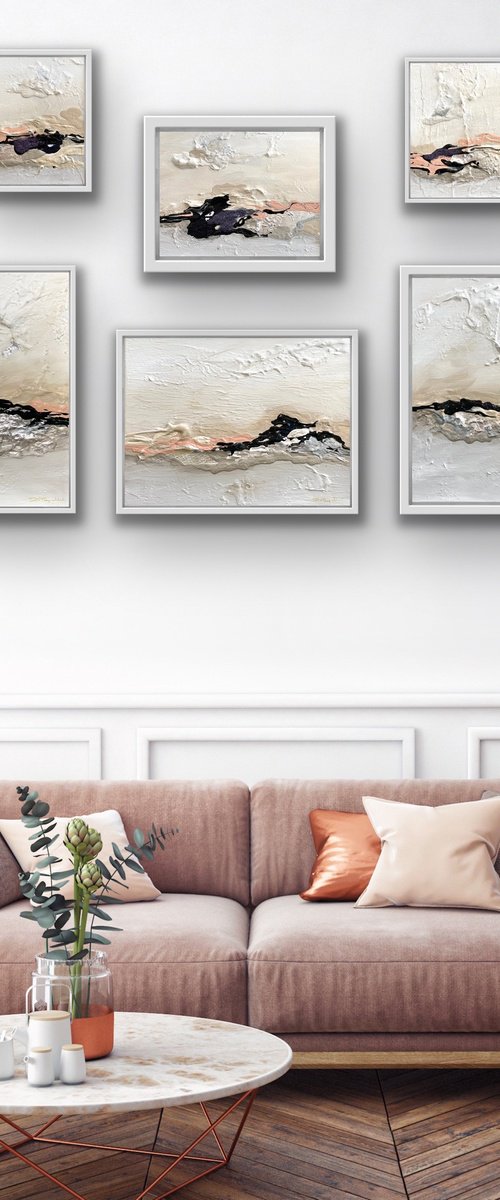 Poetic Landscape III- Peach , White, Black - Composition 7 paintings framed - Wall Art Ready to hang by Daniela Pasqualini