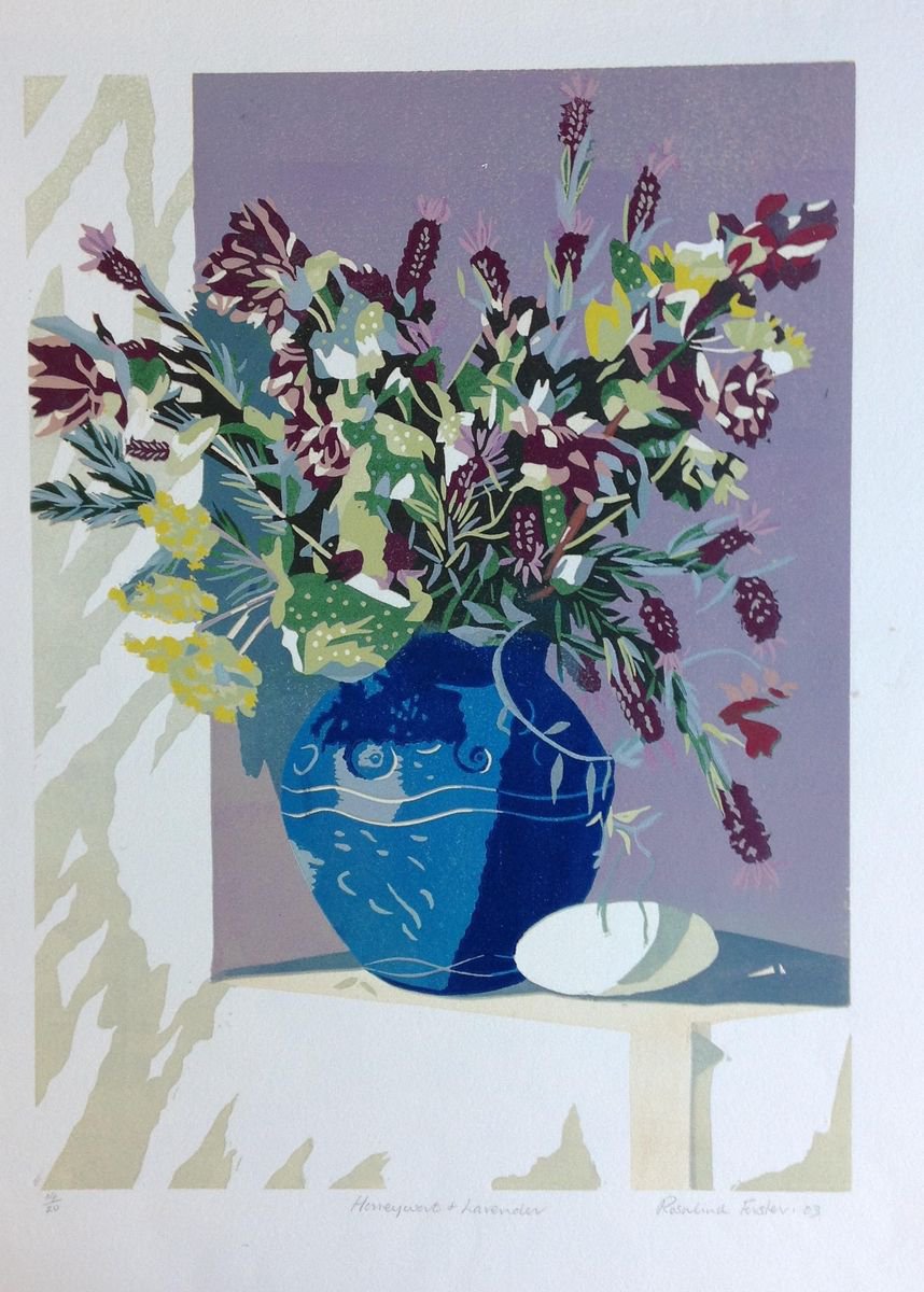 Botanical Linocut By Rosalind Forster, 15 X 19", Honeywort And Lavender, Original Artwork