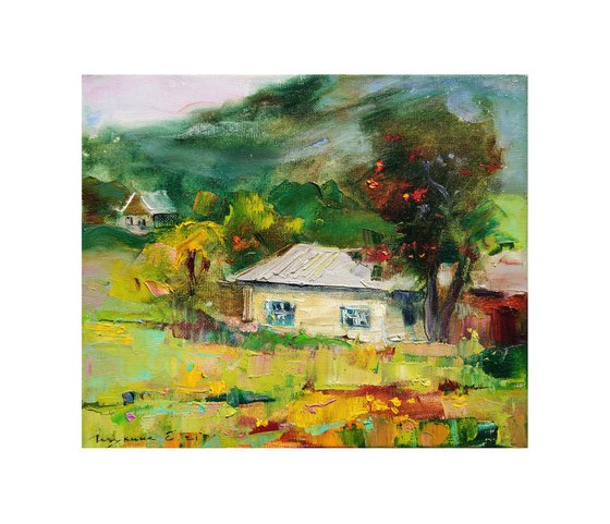 Ukrainian landscape . House in mountains , village . Original oil painting