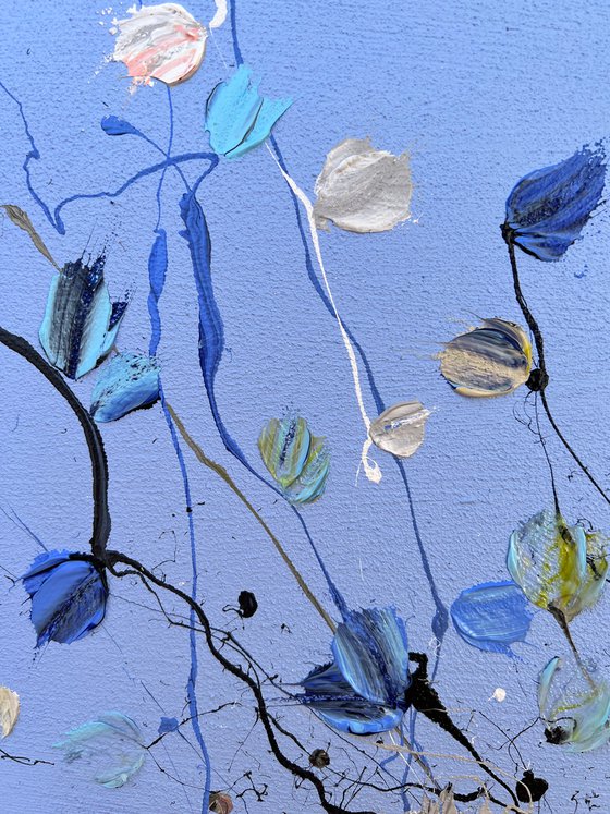 Square acrylic structure painting with flowers "Blue Day", mixed media