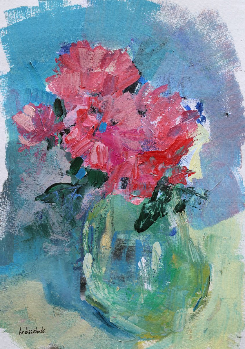Impressionistic Botanical Acrylic Painting By Artem Andreichuk, 12 X 17, Pink Roses, Original Artwork