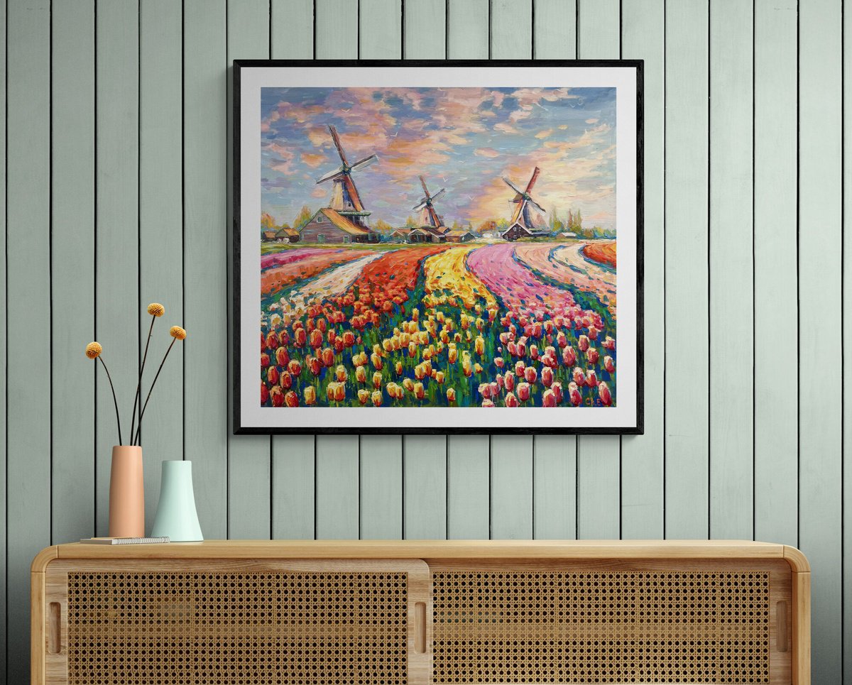 Impressionistic Botanical Oil Painting By Evgeny Chernyakovsky, 35 X 31, Field Of Tulips, Original Artwork