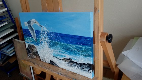 Seagull Over Waves