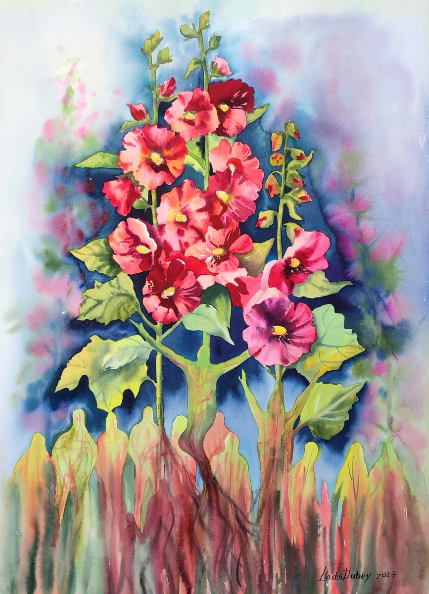 Impressionistic Botanical Watercolour By Nadiia Dubei, 22 X 30", Malva Sprouted From My Heart, Original Artwork