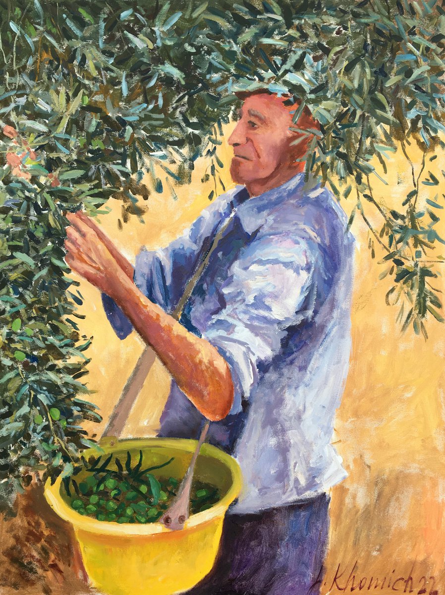 Olive picker, Israeli landscape, Olive trees painting by Leo Khomich