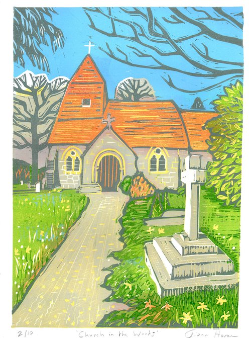 Church in the Wood limited edition linocut by Fiona Horan