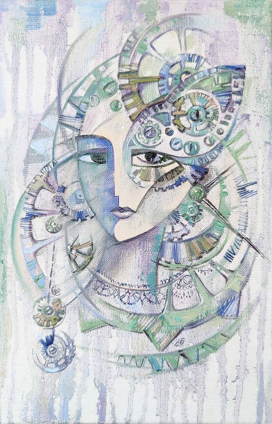 Through the time, steampunk, pale lilac painting with a woman's face and a clockwork, embroidery