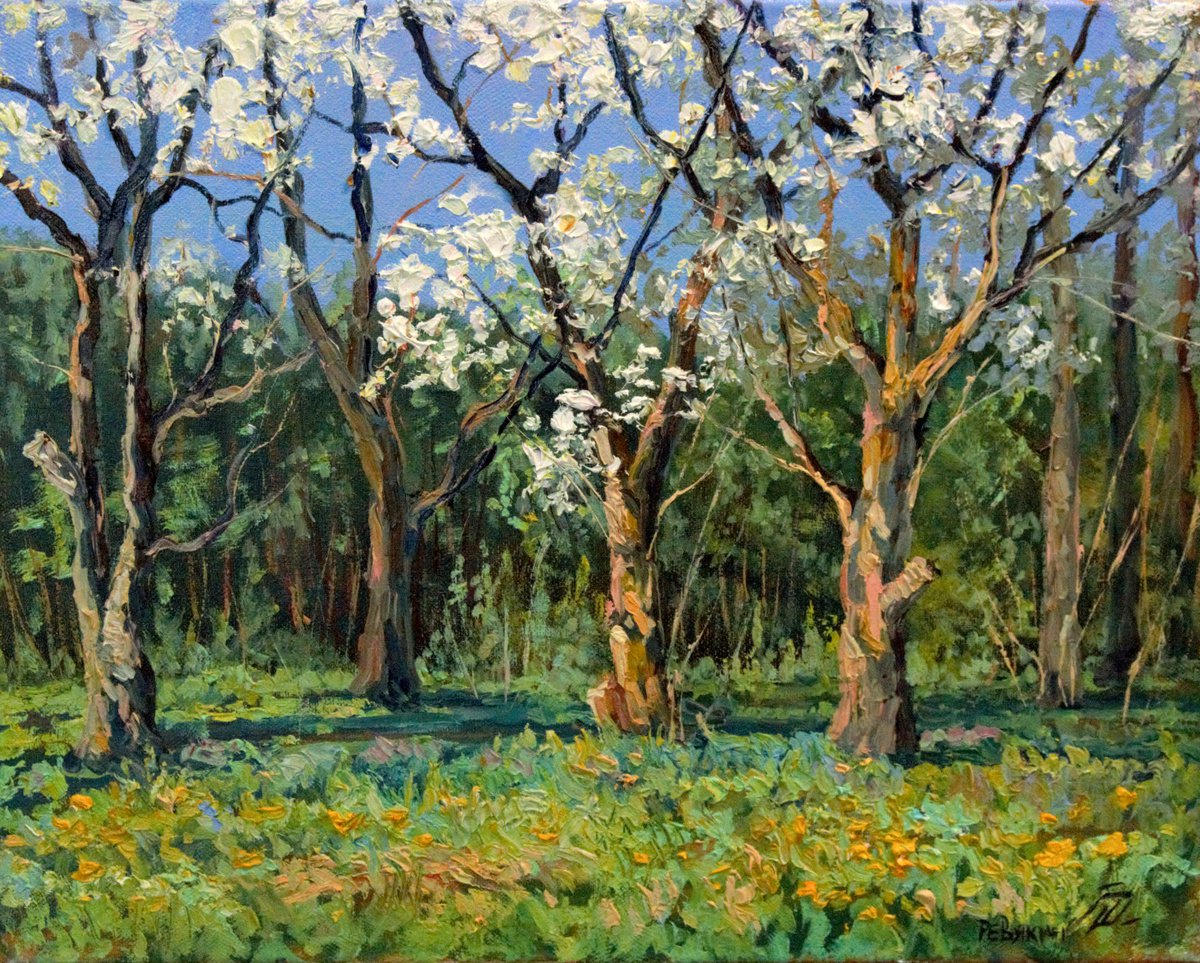 Blooming apple and pear trees. Original signed landscape by Dmitry Revyakin