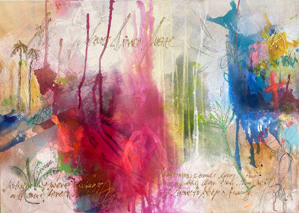 Organic Abstract Acrylic Painting By Bea Schubert, 28 X 20, Love Lives Here No.2, Original Artwork