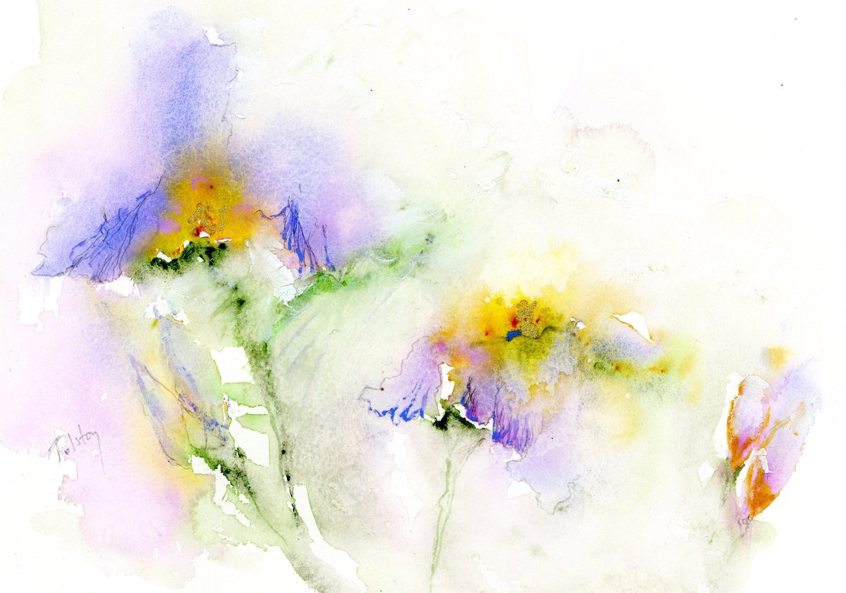 Impressionistic Botanical Watercolour By Alex Tolstoy, 14 X 10, Two Irises, Original Artwork