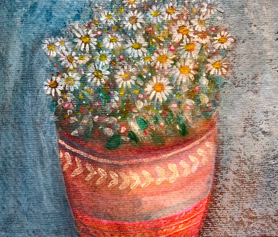 Daisy Pot, still life watercolour and acrylic painting