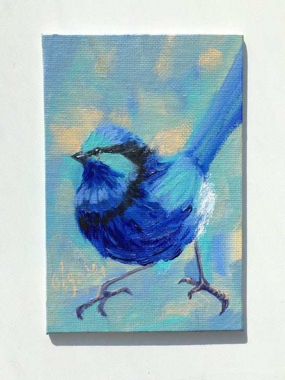 Blue bird n2, miniature original oil painting.