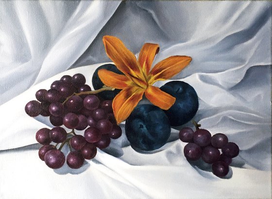 STILL LIFE WITH PLUMS, LILY AND GRAPES