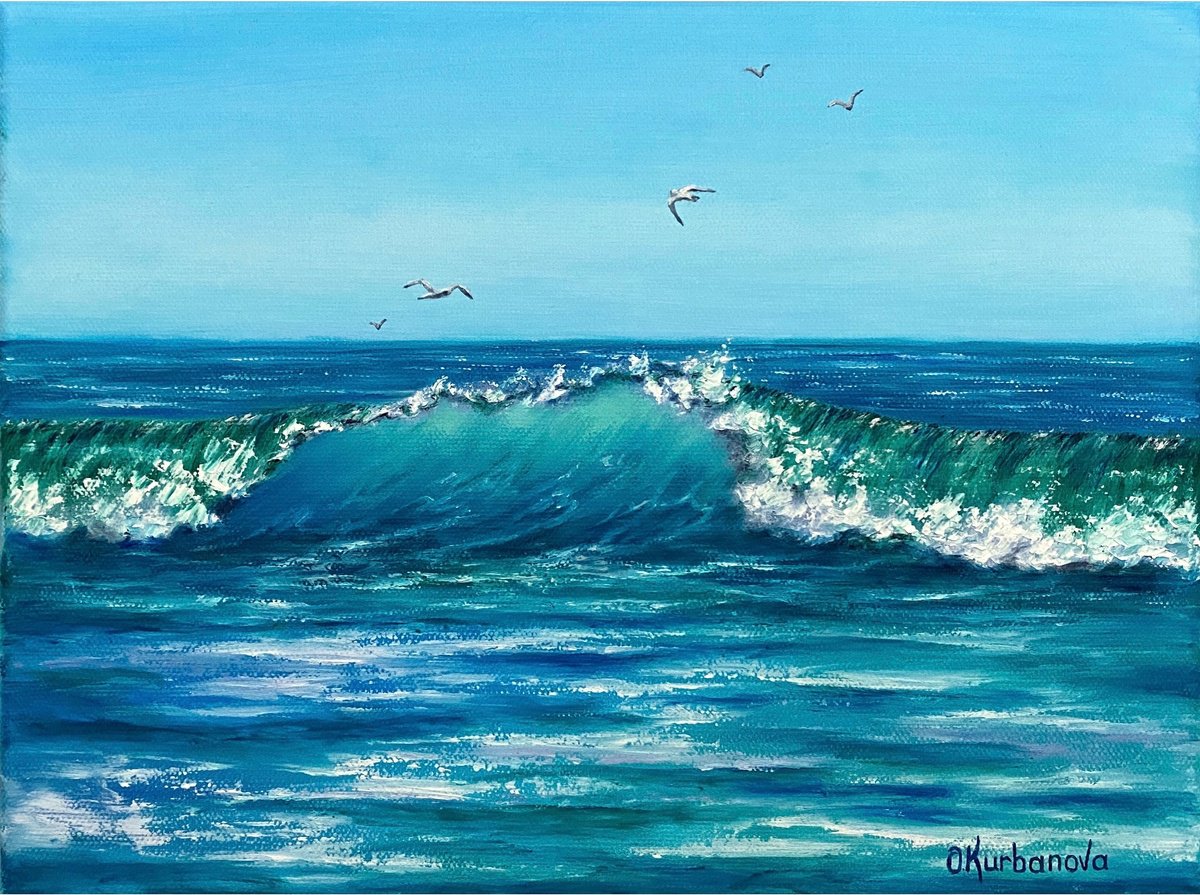 Photorealistic Landscape Oil Painting By Olga Kurbanova, 12 X 9", Happy Seagulls, Original Artwork