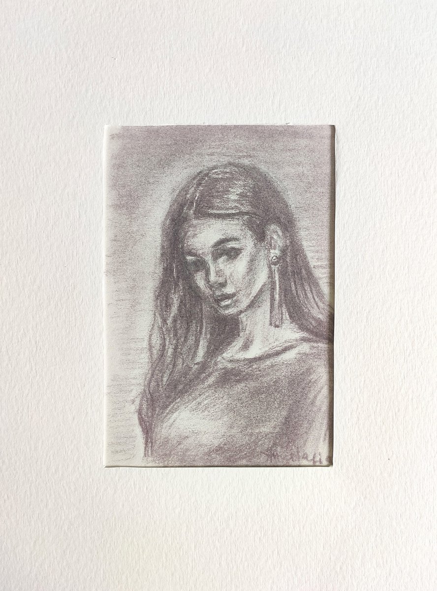Beautiful Girl Small Drawing Portrait Young Woman Charcoal Sketch by Anastasia Art Line