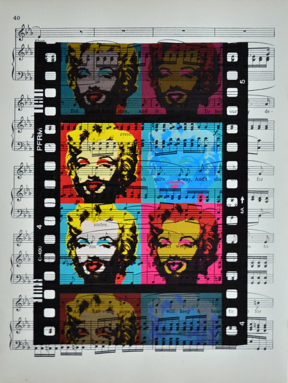 Marilyn Monroe With Beard - Andy Warhol Stylised Collage Art Print on Vintage Music Sheet Page