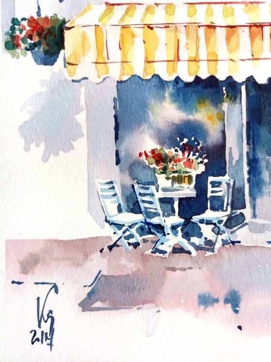 Urban romantic landscape "Autumn cafe in the old town" original watercolor painting