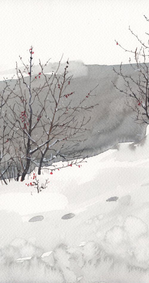 Snow Art Original Watercolor, Winter Landscape painting by Samira Yanushkova