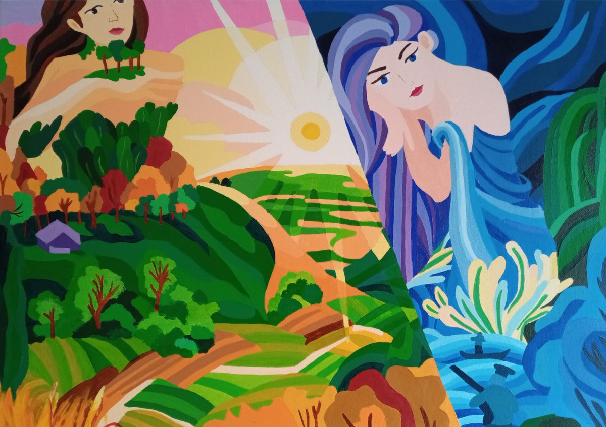 Surrealistic Landscape Acrylic Painting By Corinne Hamer, 23 X 17, In Touch With Nature, Original Artwork