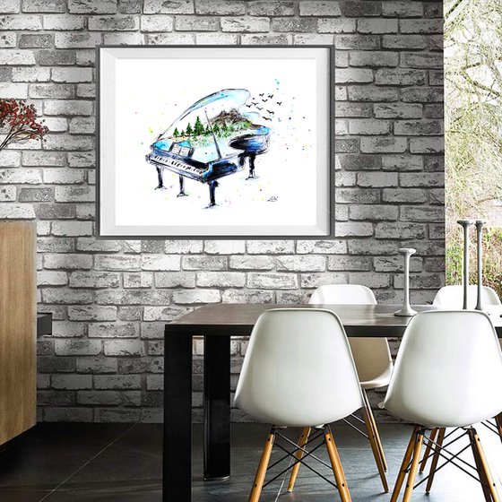 Piano with mountains