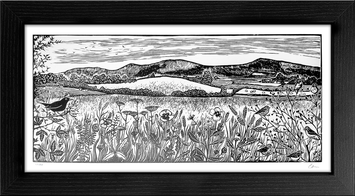 Naive Landscape Linocut By Carolynne Coulson, 23 X 13, A Walk In The Country, Original Artwork