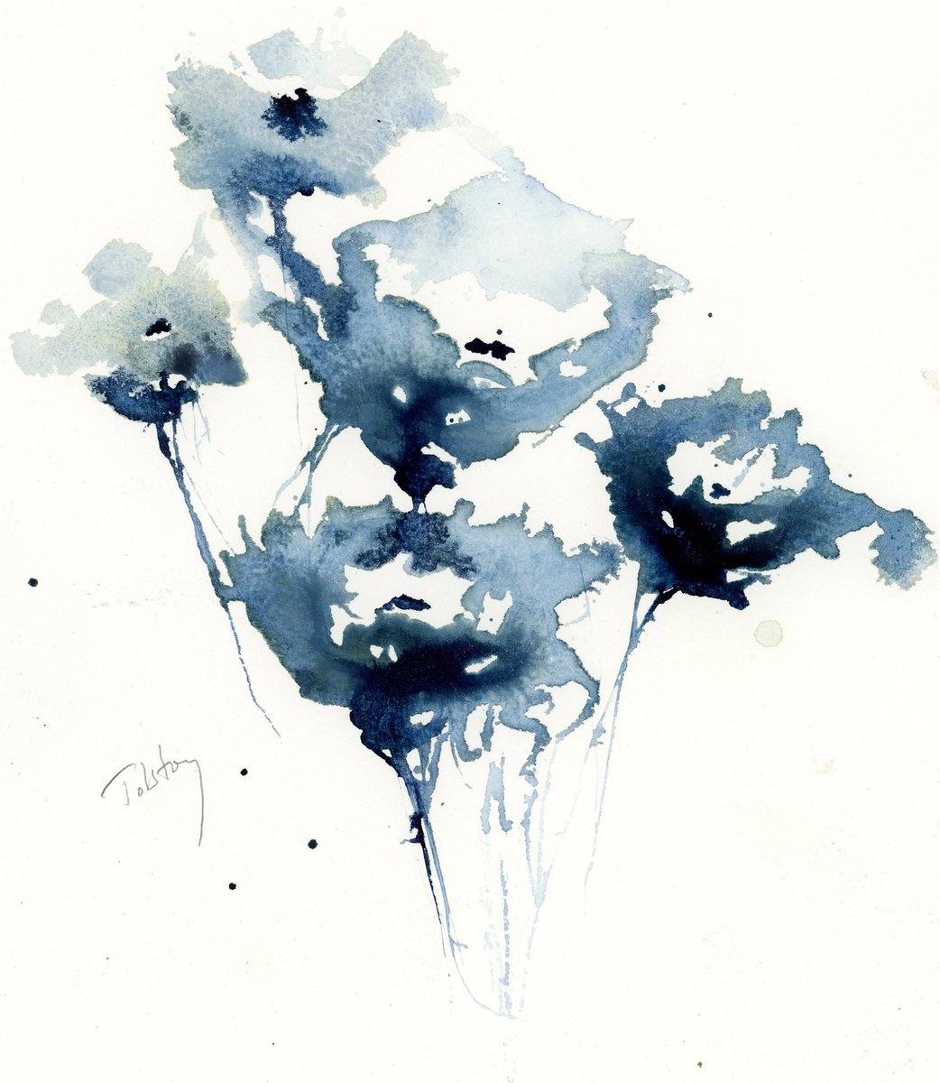 Impressionistic Botanical Watercolour By Alex Tolstoy, 10 X 12, Blue Poppies, Original Artwork