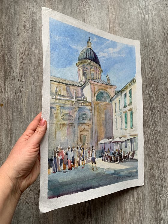 Dubrovnik. Square in front of the Cathedral. Watercolour by Marina Trushnikova. Cityscape. Architectural scenery. Open air artwork.