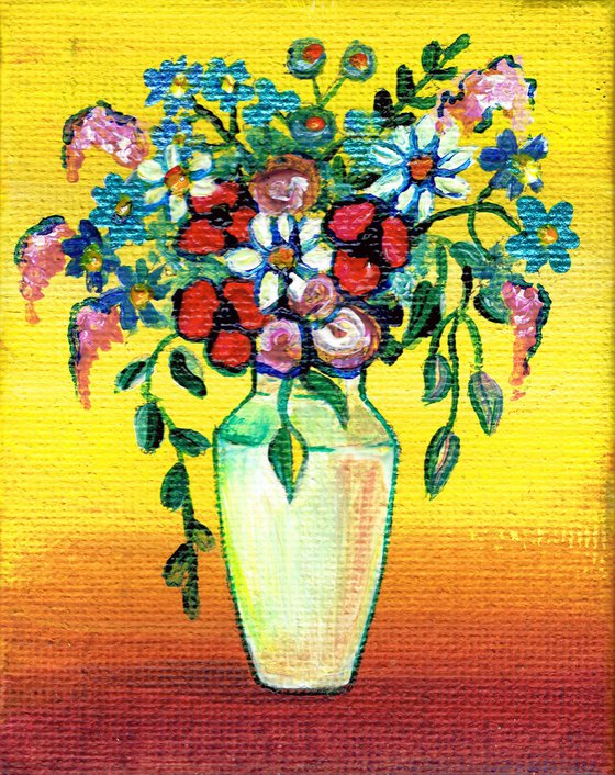 Flowers in white vase, original acrylic miniature painting, still life N2