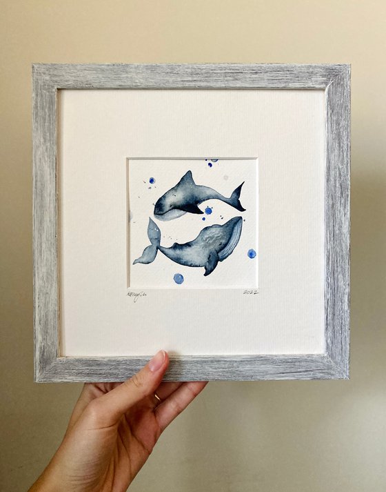 Framed Watercolour Whales