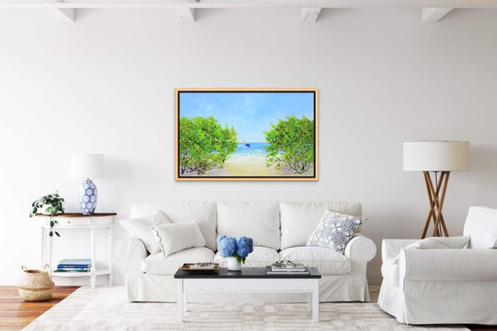 COASTAL PARADISE. SANIBEL ISLAND BEACH. Tropical Island Seascape Painting of Florida Beach and Fishing Boat.