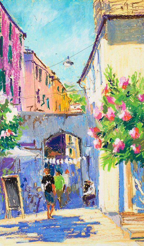 Monterosso. Italian summer. Sunny urban landscape. Medium size oil pastel impressionistic interior painting travel decor cinque terre by Sasha Romm