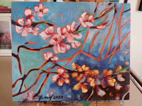 Almond blossom oil painting on wood