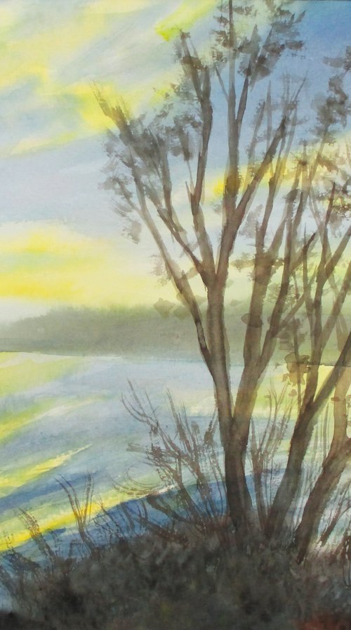 Sunset by the river - watercolor landscape by Julia Gogol
