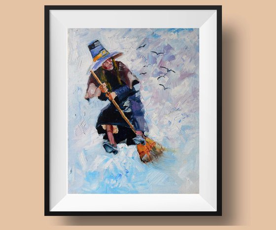 Amsterdam witch is flying on a broomstick.