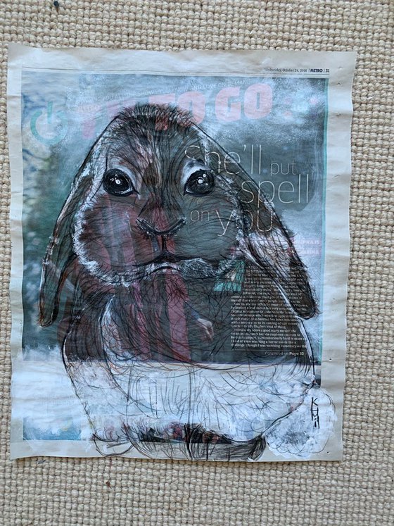 Bunny, Brown Rabbit, Acrylic on Newspaper Nature Art Animal Painting, Wild Life, Animal Portraits 37x29cm Gift Ideas Original Art Modern Art Contemporary Painting Abstract Art For Sale Buy Original Art Free Shipping
