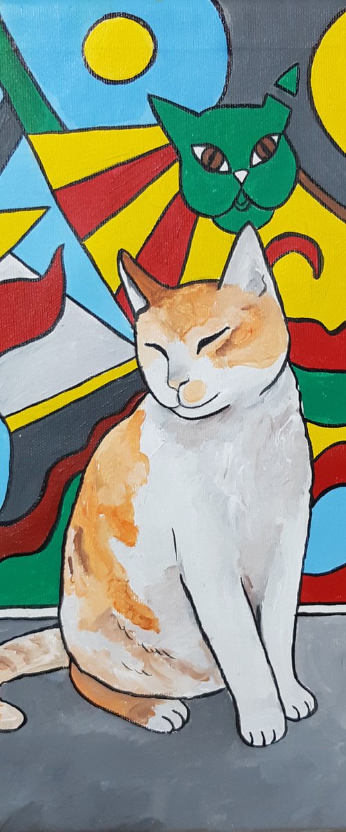 "Cat Graffiti In The City" Maximalist Modern Matisse-Inspired Original Painting by Alexandra Dobreikin