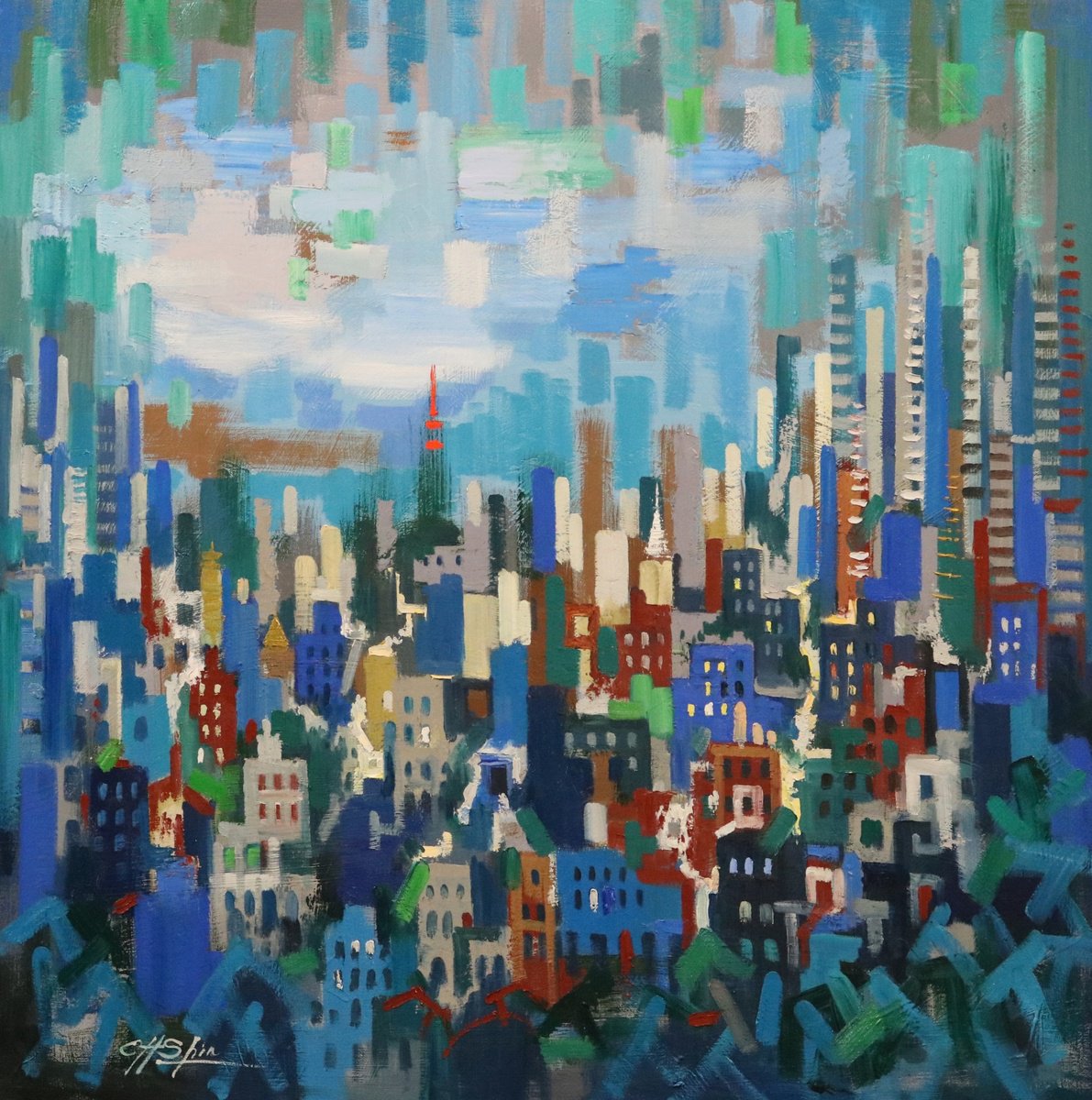 Expressive Cityscapes Oil Painting By Chin H Shin, 36 X 36, Urban Jungle 5, Original Artwork
