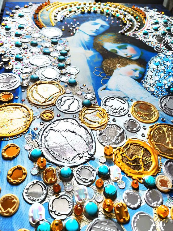 Guardian angel - Love original painting. Blue silver golden decorative artwork with Turquoise, amber, gold leaf