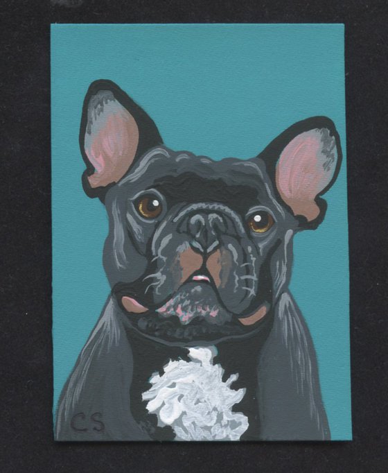 ACEO ATC Original Miniature Painting Black French Bulldog Pet Dog Art-Carla Smale