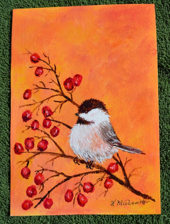 Orange Chickadee - original framed 5X7 inch acrylic painting