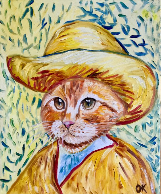 Marmalade Cat La Van Gogh in a straw  hat FELINE ART FOR CAT LOVERS GIFT IDEA