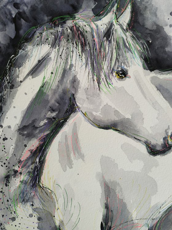 Horse -Original black and white watercolor painting