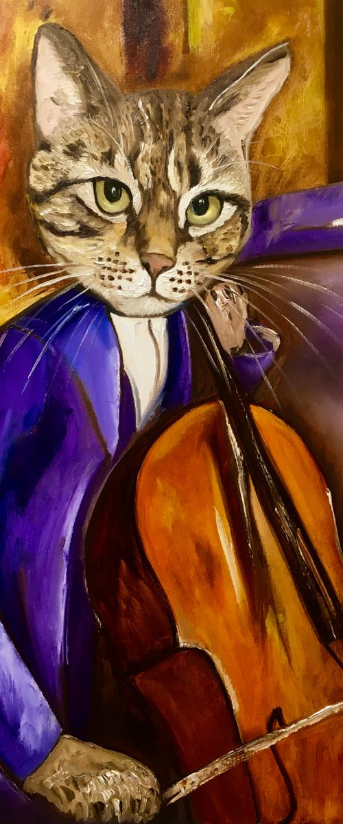 Cat Cellist inspired by Amedeo Modigliani.FELINE ART FOR CAT LOVERS GIFT IDEA by Olga Koval