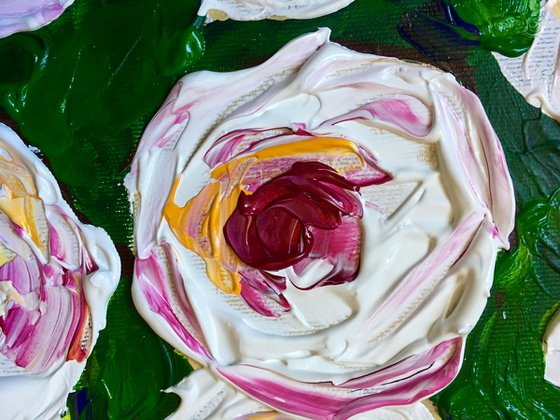 BOUQUET OF White Roses  #10 palette  knife Original Acrylic painting office home decor gift